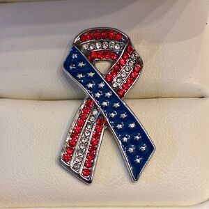 Patriotic Ribbon Pin with Red, White, and Blue Crystals